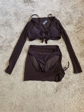 Fashion Nova Dark Brown Ribbed 4-Piece Bikini Set with Cover Up